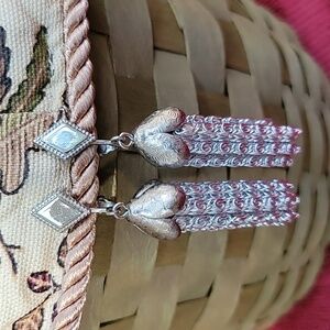 Sarah Coventry Greek Key Silver Tone Tassel Chain Dangle Clip On Earrings